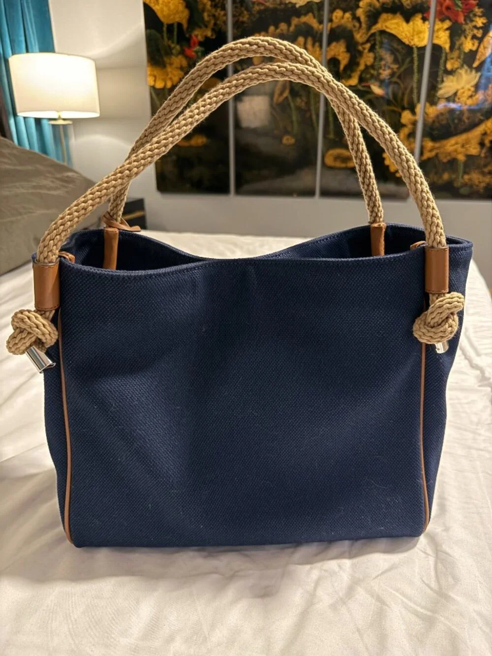 MICHAEL KORS ISLA Canvas Tote NAVY with Rope Handles and MK Charm